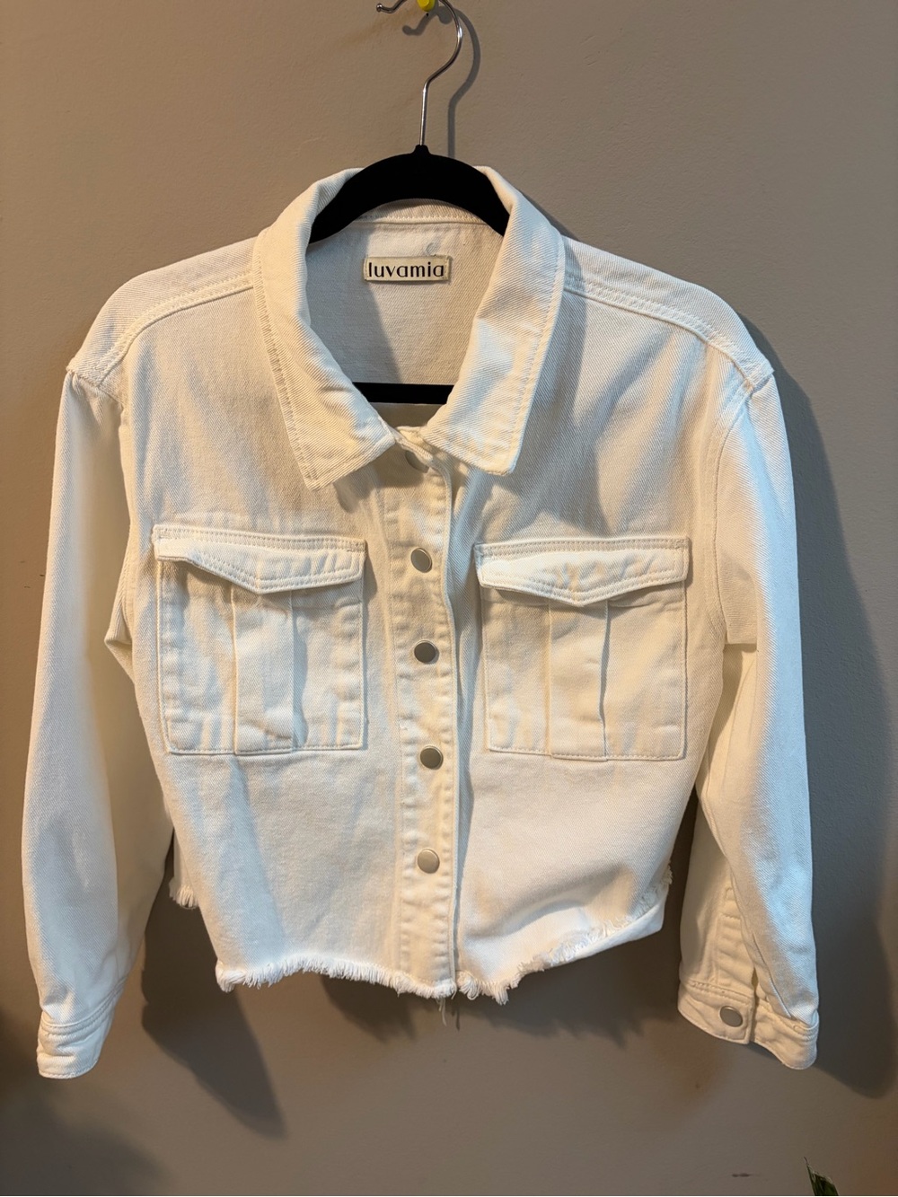 Luvamia White Cropped Denim Jacket